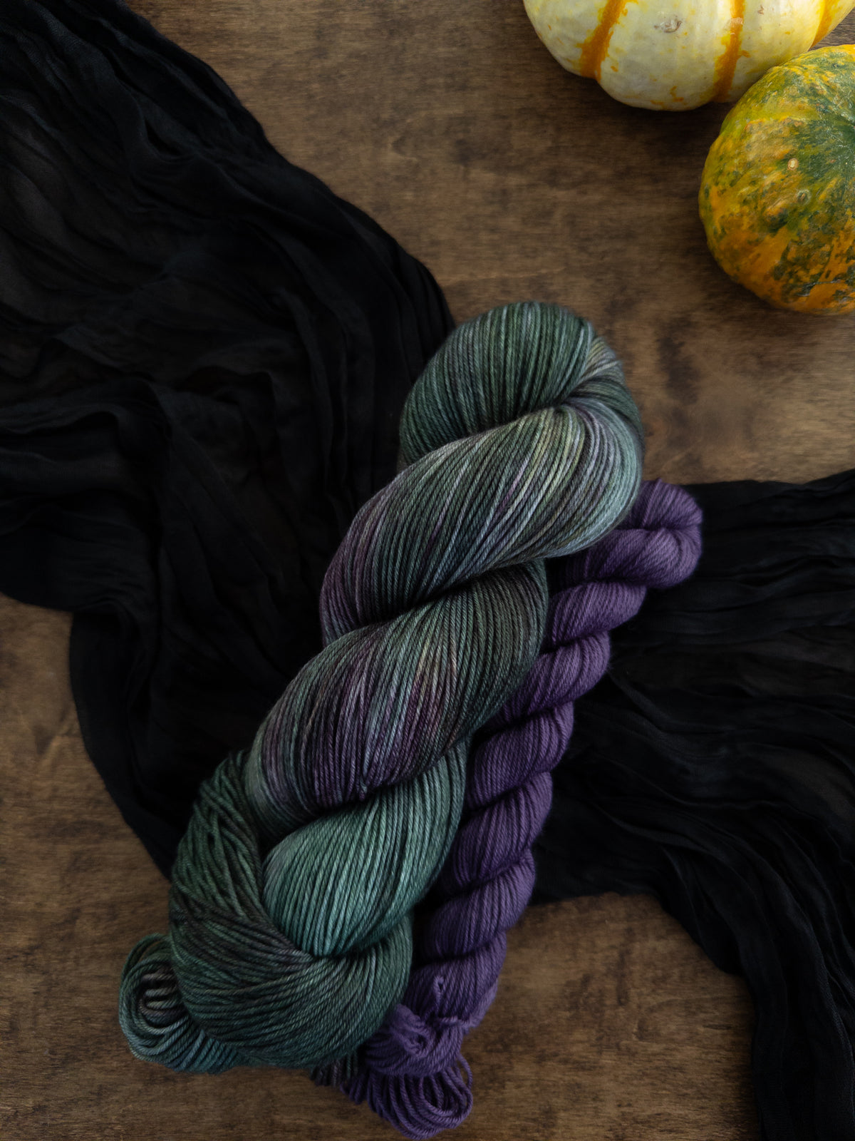The sock set with a variegated skein that is a deep forest green with splashes of gray, lichen, and dark purple, with a dark, cool toned purple mini skein.