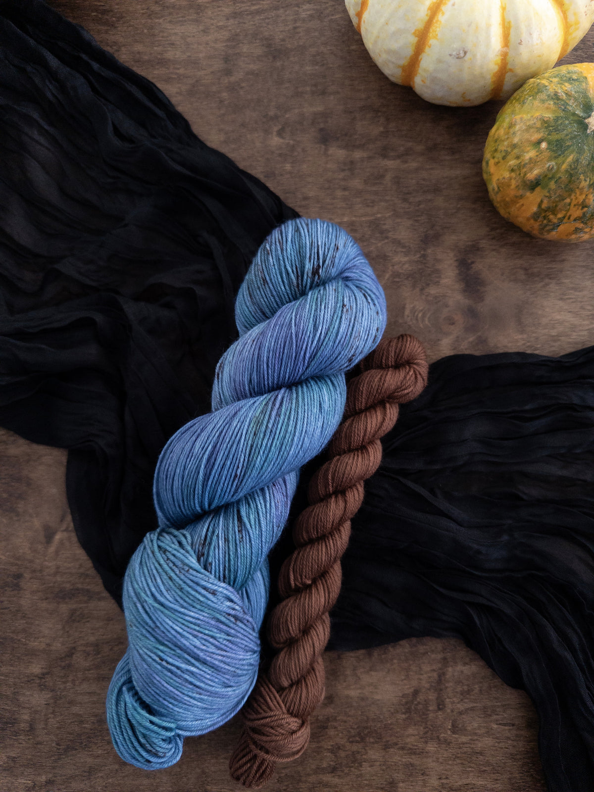 The sock set with a variegated skein that is a cornflower blue with shifting tones of purple and green accompanied by a warm chestnut brown mini skein. 
